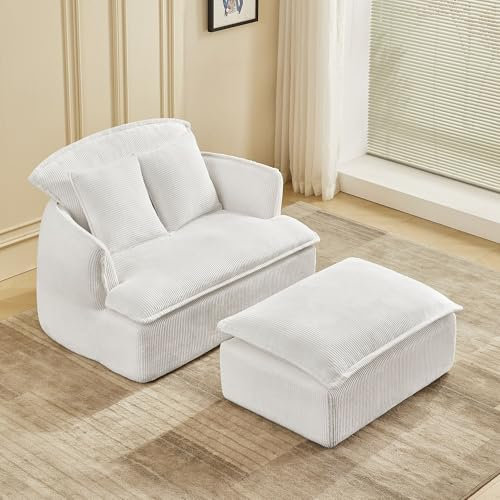 okwish Sitzsack Sofa Relaxsessel, mit Fußhocker und Rückenkissen, Weiß, Cord Stoff, Abnehmbare Sitzkissen und Rückenkissen, Wohnzimmer, Lounge, Schlafzimmer, Büro