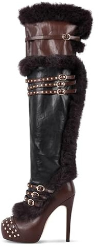 Meinabsatz Damen Overknee Stiefel Stiletto High Heels Crotch Boots Plateau mit Nieten Pelzbesatz Riemchen