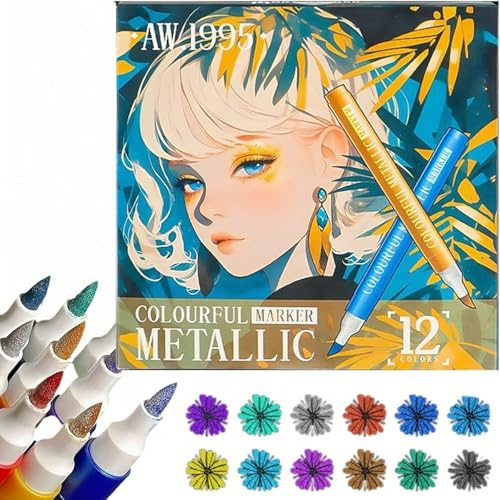 Omeblos 12Pcs Glitter Markers Pens, Metallic Marker Pen Fine Tip 1-5mm, Water-Based Assorted Vibrant Markers for Black Paper, Canvas, Glass, Mugs, Wood, Fabric, Metal, Ceramics