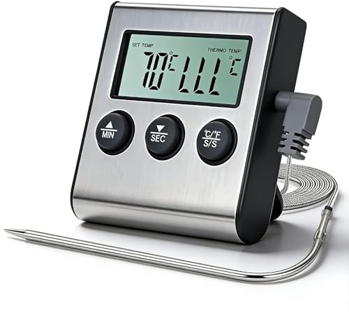 Digitales Fleischthermometer Grillthermometer, 0-250°C Bratenthermometer Ofenthermometer Mit Timer & Alarm, KüChenthermometer Mit 100cm Kabel Und Edelstahl Sonde FüR Bbq, Ofen, Backen, Smoker