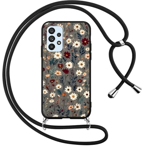 Votvloay Coque avec Cordon pour Samsung Galaxy A53 5G 6,5, Collier Tour de Cou Lanière Corde Étui Aesthetic Motif Fleurs Dessin Case, Silicone Mince TPU Antichoc Housse Cover pour Samsung A53, Noir