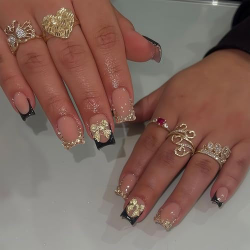 24 Stk Press on Nails Kurz, Schwarze French Tip Fake Nails mit Schleife und Strass für Frauen, Mädchen, Anfänger für Party, Date, Hochzeit, Maniküre (Glänzend)