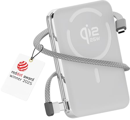 Power Bank Magnetico Qi2.2 25W Certificato – 10000mAh Power Bank Wireless Rapida – Cavo USB-C 35W Integrato – Batteria Esterna per MagSafe – Per iPhone 17/16/15/14/13 Pro/Max di WanderS – Bianco