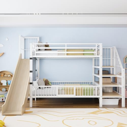 Metall-Hochbett für Kinder mit Rutsche und Stauraumtreppe 90*200CM , Etagenbettgestell mit Schutzgittertür, integrierten Regalen, platzsparendes Kinderbett für Jungen- und Mädchenzimmer (Weiß)
