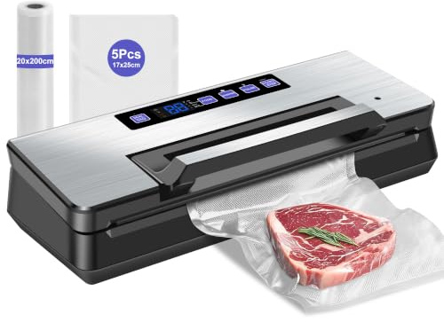 Vakuumiergerät mit Doppelpumpen, 18 L/min Saugleistung, 145W Vakuumierer | 95 kPa One‑Touch Automatik für trockene & feuchte Lebensmittel, 5 mm verbreiterte Dichtleiste, Schneider & Rollenaufbewahrung