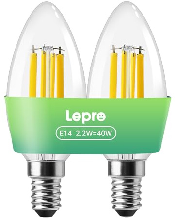 Lepro E14 LED Candle Bulb A-Rated, Warm White, 2.2W = 40W, 470LM, Pack of 2 | Ultra Efficient 213lm/W, 50000H Lifespan, Save 94.5% Energy, 2700K, Small Screw E14 Vintage Light Bulb, Non-dimmable, 35x95mm