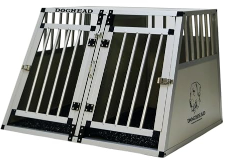 DOGHEAD Hundetransportbox Comfort, Double 95x75x63 cm EG, Schwarz, Aluminium, Vorne 65°Grad Winkel abgeschrägt, hintenn 90° Grad (gerade), Trennwand mit Griff, für kleine Kombis geeignet