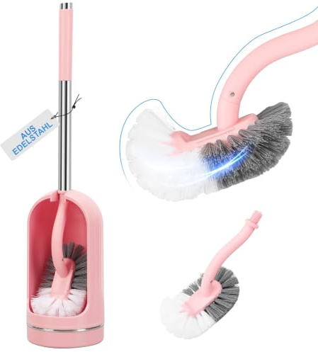Topsky WC Bürsten Set 1er mit Halter, Randreiniger & 2 Bürstenköpfen, Rosa | Toilettenbürsten aus Edelstahl mit harten Borsten für Tiefenreinigung unter dem Rand – ideal für Bad, WC und Wohnmobil