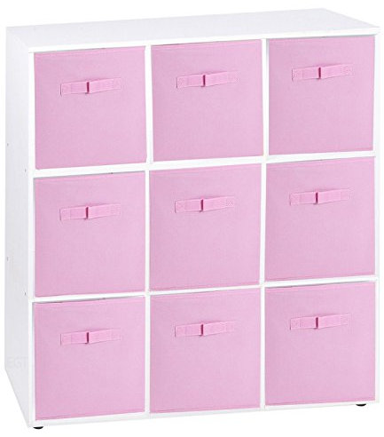 URBNLIVING White Wooden 9 Cubed Storage Units With Light Pink Non Woven Drawers