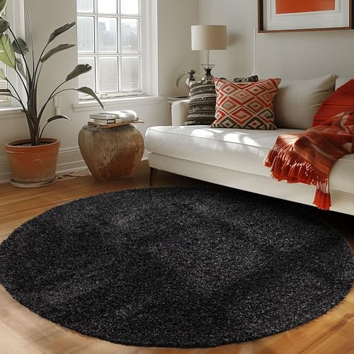 Carpettex Runder Teppich Wohnzimmer Hochflor Einfarbiges Design Langflor Shaggy Modern Flauschig, Farbe: Anthrazit, Größe: 120 cm Rund