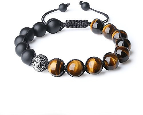COAI Bracelet Ajustable Onyx Mat Œil de Tigre Marron Symbole Chinois de Longévité Homme
