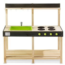 EXIT Toys Yummy 100 Holz-Spielküche - Mit funktionierendem Wasserhahn - Herausnehmbares Waschbecken - Inklusive Küchenzubehör - Spielküche aus Holz für Kinder - 100% FSC Holz - 53x102x98cm - Natur