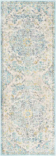 Livabliss Asmara Vintage Rug - Hallway Runner Rugs Living Room 80x220 cm - Scandi Neutral Rug, Traditional Patterned Boho Style, Natural Easy Care Pile - Hallway Runners, Blue and Mustard