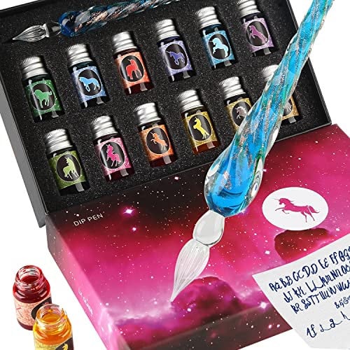 GC QUILL Glasstifte-Set kalligraphie stift mit 12 bunten Tinten glasfeder zum für Kunst, Schreiben, Unterschriften, Kalligraphie, Dekoration, Geschenk GCGP-06