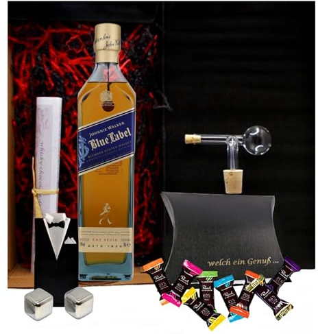 Johnnie Walker Blue Label Whisky & Schokolade & Kühlsteine & Portionierer | Johnnie Walker Blue Label Blended scotch Whisky + 8 Edelschokoladen + 2 Kühlsteine + Glaskugelportionierer im Geschenk Karton