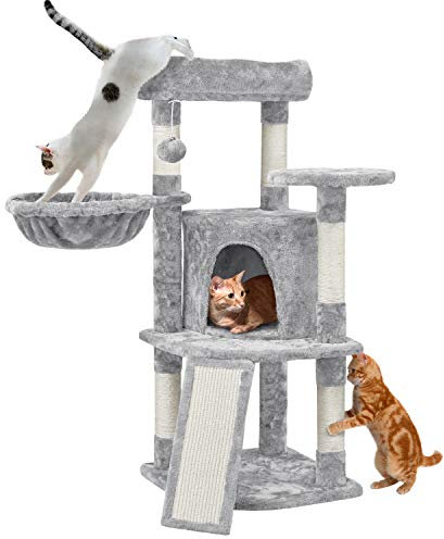 Yaheetech Kratzbaum Katzenkratzbaum 107cm Stabiler Kletterbaum, mit Katzenhaus Katzenbett Liegemulde Sisalseil, Hellgrau