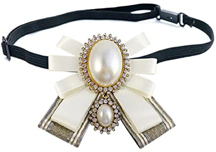 FASELE Broche nœud papillon pré-nouée avec perles pour femme, mariage, fête, nœud papillon, Blanc/réglable, 8.5W*8.5L