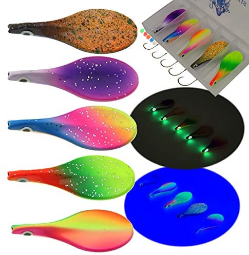 Njord Kalastus Inline Spoon Forelle 5 Stück in Box 4,5g | UV Aktiv und Selbstleuchtende 3D Augen | Durchlaufblinker Forellenköder Inliner Spoon Inline Durchlauf Spoons Forelle Angel Set Magic Spoon