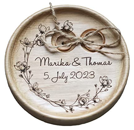 Ringkissen, Ringschale Hochzeit Holz gravierten Namen und Datum,16 Blumenkranzrahmen (Sakura, Lotus, Lavendel, Rose, Lilie, Kamelie, Edelweiß, Bella, Vergissmeinnicht, Babyatem etc.) 8 Schriftarten.