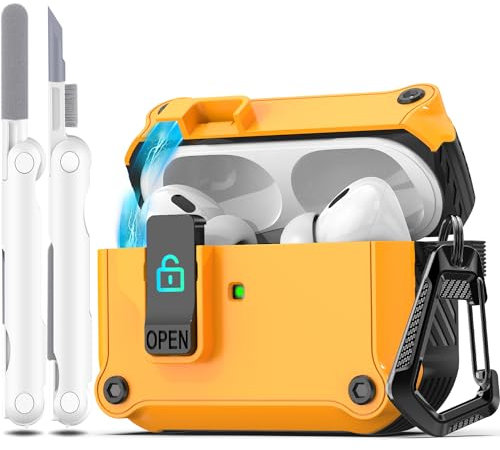 R-fun für AirPods Pro 2 Generation Hülle (Auto Pop-Up-Deckel) mit Reinigungsset, Design für Airpods Pro 2./1. Generation (2023/2022/2019), für Airpods Pro Hülle (USB-C/Lightning-Kabel),Gelb