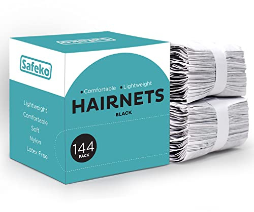 SAFEKO Hair Nets 144 PCS, Individually Wrapped, Lightweight Nylon Hairnets, Latex-Free | Black, Regular (21)