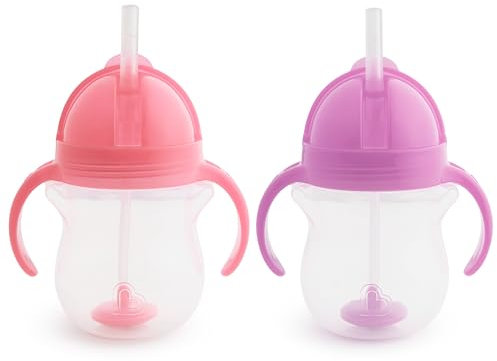 Munchkin Any Angle Click Lock Weighted Straw Trainer Cup, Pink/Purple, 7oz, 2pk