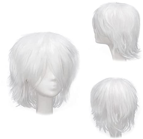Gairyan Perücke Weiß Perücke Damen Unisex Anime Cosplay Wig Kurze Synthetische Perücke Frauen Herren Gerade Perücken Halloween Perücke Karneval Kostüm Themen Party Kostüm + Gratis Perückenkappe