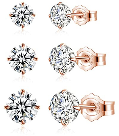 Loutade Ohrringe Set: 3 Paare 925 Sterling Silber & Rosegold, Hypoallergen, Klein, Schlafen, Knorpel, Damen Ohrstecker in 3/4 / 5mm