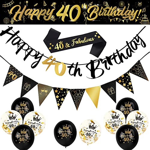 14 Piece 40th Happy Birthday Decorations Kit - Party Supplies, 9ft Banner, Triangle Flags, Confetti, Latex Balloons