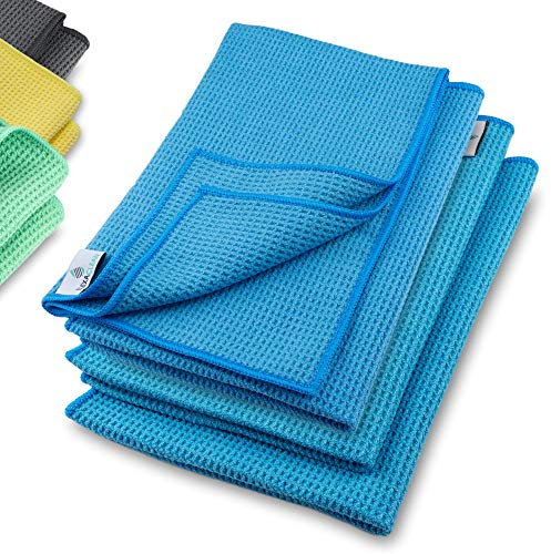 ELEXACLEAN Mikrofaser Trockentuch, Premium Waffeltuch (4 Stück, 60x40 cm, Blau) superweiche Qualität für Auto, Glas, Küche, Geschirr, Bad