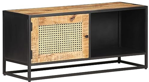 JUNZAI TV-Schrank, Fernsehtisch, Tv Lowboard, Fernsehschrank, Tv Bank, Tv Table, Tv Kommode, 90x30x40 cm Raues Mangoholz und Wiener Geflecht