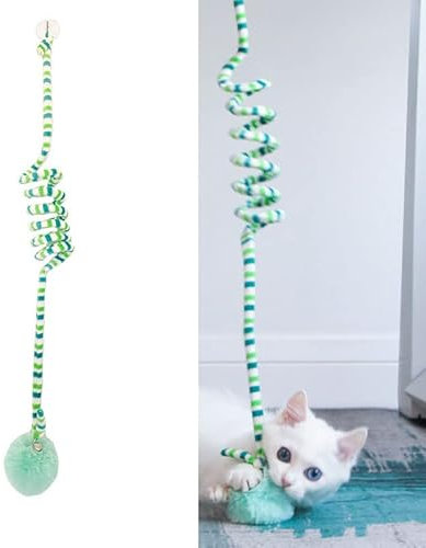 zalati Interaktives Katzenspielzeug, weiches Plüsch, mit Glöckchen, zum Aufhängen, Bungee-Schnur, für drinnen und draußen, Grün
