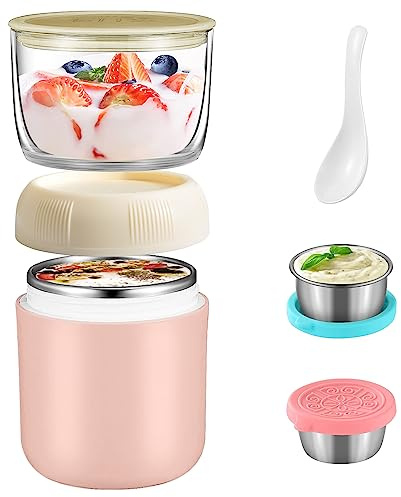 KMYC Müslischale mit Löffel, praktische Müslitasse, Lunch Pot Porridge Becher, Overnight Oats Behälter, 400+300ml Salatbehälter, Rosa