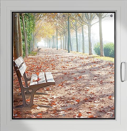 Wallario Lichtschutzbild, Dekorativer Sichtschutz Sonnenschutz 96 x 100 cm mit Motiv: Einsame Parkbank an Einer Allee - Herbststimmung - Verdunklungsrollo ohne Bohren