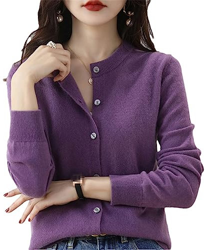 Cardigan da donna in cashmere girocollo per primavera, autunno, inverno, maniche lunghe, tinta unita, morbido, lilla/viola, XL