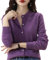 Cardigan da donna in cashmere girocollo per primavera, autunno, inverno, maniche lunghe, tinta unita, morbido, lilla/viola, XL