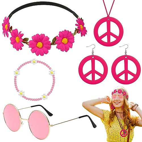 5 Stück Hippie Kostüm Accessoires, Vintage Zubehör per Costume Hippie mit Brille Friedenszeichen Halskette Ohrringe Stirnband Armbänder für Damen Herren 60er 70er 80er Jahre Party Karneval