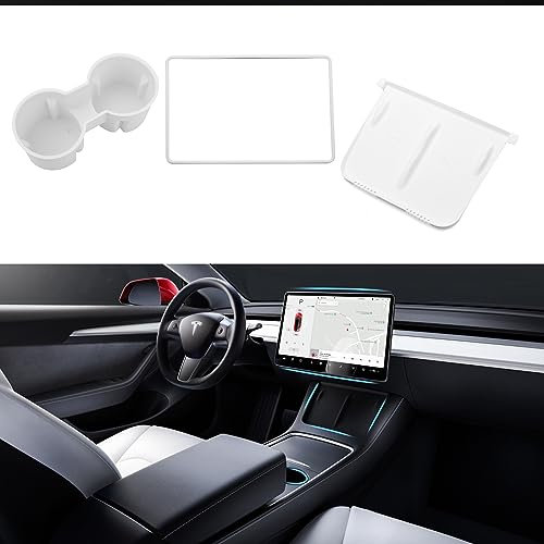 TOPABYTE 3PCS Center Console Accessories for Tesla Model Y 2021-2024 and Model 3 2021-2023 Cup Holder Insert, Screen Edge Protector Frame, Silicone Wireless Charger Mat, White