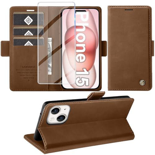 Giyer Handyhülle für iPhone 15 Hülle mit Schutzfolie, Standfunktion Kartenfach Wallet Premium Leder Schutzhülle für iPhone 15 5G 2023 Flip Case Cover Tache Stoßfeste Klapphülle (Braun)