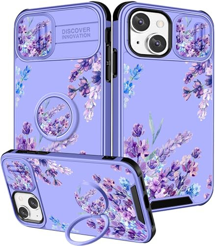 Pegmode (2in1 for iPhone 13 Case/for iPhone 14 Case for Women Cute Girls Phone Cases Purple Flower Lavender Girly Kawaii Floral Design with Camera Cover+Ring Holder for Apple 13/Apple 14 Cover 6.1''
