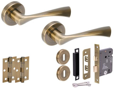 HANDLEZONE® Zena Door Handles on Rose 3 Lever Lock Pack with Ball Bearing Hinges - Antique Bronze