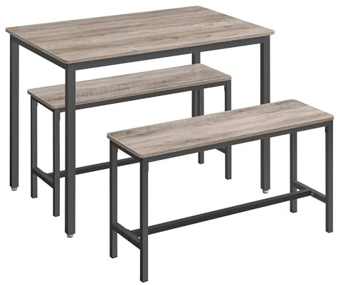 VASAGLE Esstisch mit 2 Bänken, 3er-Set, Küchentisch 70 x 110 x 75 cm, 2 Bänke je 30 x 97 x 50 cm, Stahlgestell, Greige meliert-tintenschwarz KDT070B02