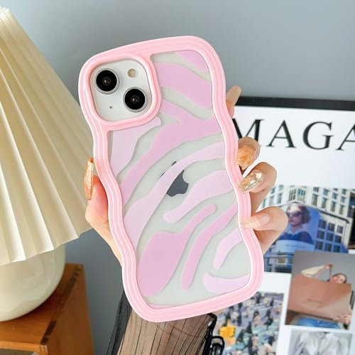 DEFBSC Cute Curly Wave Frame Clear Case - Stripe Aesthetic Design, Slim Soft TPU Bumper, Transparent Shockproof Protective Case for iPhone 14/13 - Pink