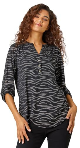 Roman Shirt for Women UK Ladies Top Collarless Blouse Stretchy Tunic Smart Casual Autumn Winter Jersey 3/4 Length Sleeve Notch V Neck Flattering Office Work - Black Grey - Size 10