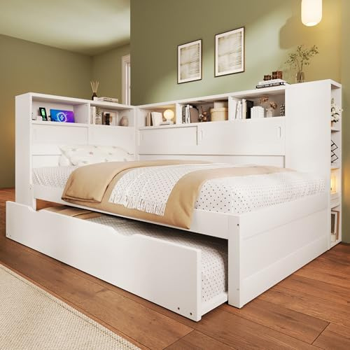 ZYLOYAL10 90x200cm(90x190cm) Plattformbett, Kinderbett, Plattformbett mit Ausziehbett, Plattformbett mit Staufach mit USB (Weiß)