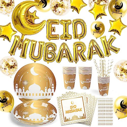 iZoeL Vaisselle Aid Moubarak 78 pièces Eid Mubarak Vaisselle Jetable Decoration Aid Moubarak Or Banderole Eid Mubarak Ballons Serviettes Assiettes Tasses Pailles Gold, Deco Eid pour Jardin Maison