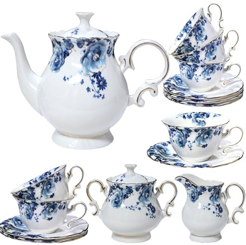 LE POTOCIO Tee-Set aus Knochenporzellan für Erwachsene, blaues und weißes Porzellan-Teeservice für 6 Personen, Vintage-Blumen-Teetassen-Set mit Teekanne, Teeparty-Sets für Frauen, Geschenkbox, 21
