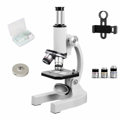 Microscope - Grossissement 200-4000x, microscope éducatif biologique pour étudiants et adultes, avec clip de téléphone, spécimen biologique et lumière de remplissage (blanc)