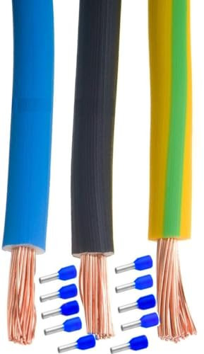 2,5 mm2 cavo di cablaggio H07V-K 2,5 mm² mm, set da 3 x 5 m, giallo verde, blu e nero, flessibile, con manicotti terminali
