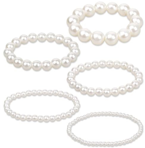 Irikdescia Set di 5 eleganti bracciali da donna con perle vintage, impilabili, in bianco, con perle piatte per donne, set di gioielli squisito